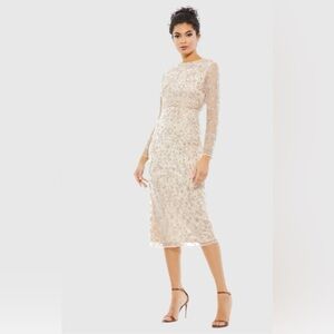 BEADED TEA LENGTH DRESS W/ SHEER SLEEVES Size 14 Color Porcelain New with Tags